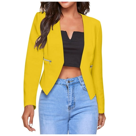 YDFCWXW Womens Open Front Work Blazer Long Sleeve Office Jacket Solid Color Cardigans with Zipper Pockets Yellow, XXL