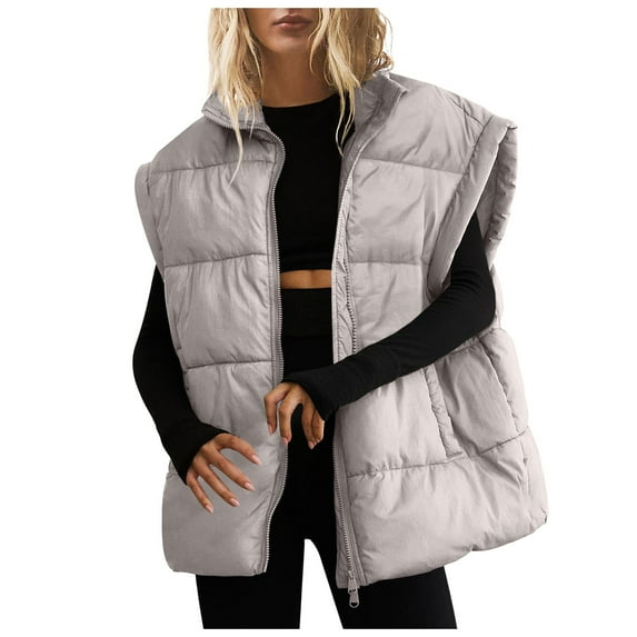 YDFCWXW Womens Oversized Puffer Vest Stand Collar Full Zip Sleeveless Bubble Puffer Vest Quilted Padded Warm Coat Outwear Grey, M