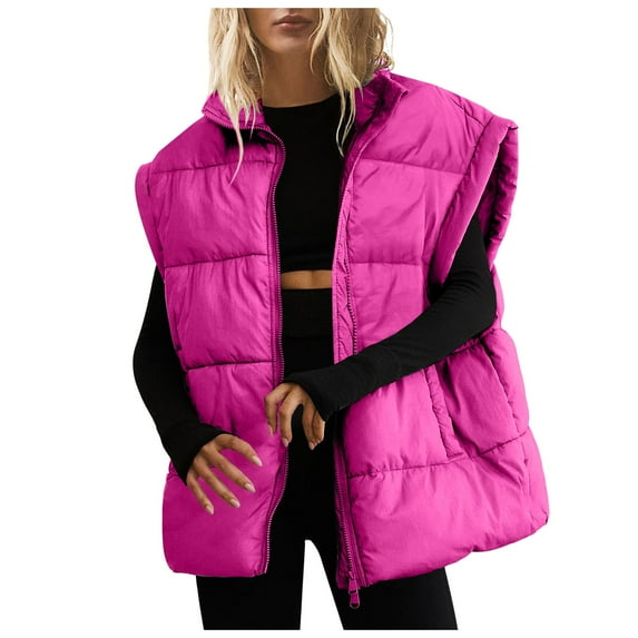 YDFCWXW Womens Oversized Puffer Vest Stand Collar Full Zip Sleeveless Bubble Puffer Vest Quilted Padded Warm Coat Outwear Hot Pink, M
