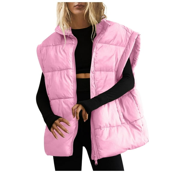 YDFCWXW Womens Oversized Puffer Vest Stand Collar Full Zip Sleeveless Bubble Puffer Vest Quilted Padded Warm Coat Outwear Pink, XL