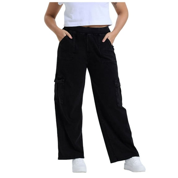 YDFCWXW Womens Plus Size Cargo Jeans Pants Wide Leg Jeans Casual High Waisted Straight Denim Pants with Pockets Black, XXL