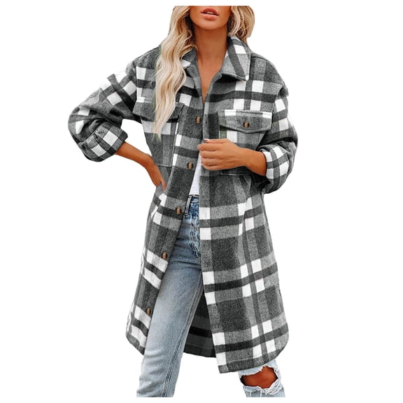 YDFCWXW Womens Plus Size Flannel Plaid Button Down Shirts Plus Size Lapel Jacket Blouse Tops Oversized Checked Coat Grey, XL