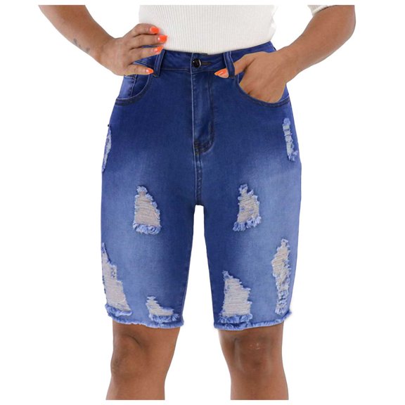 YDFCWXW Womens Ripped Stretchy Long Jean Shorts Mid Rise Frayed Cut Off Bermuda Shorts Dark Blue, M