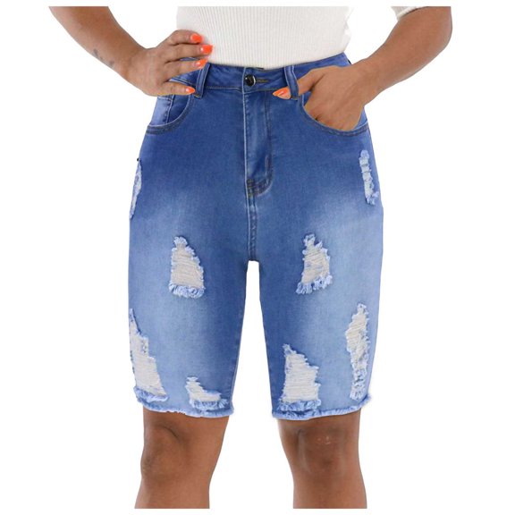 YDFCWXW Womens Ripped Stretchy Long Jean Shorts Mid Rise Frayed Cut Off Bermuda Shorts Light Blue, XXL