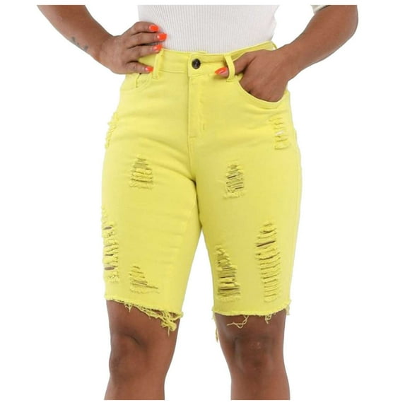 YDFCWXW Womens Ripped Stretchy Long Jean Shorts Mid Rise Frayed Cut Off Bermuda Shorts Yellow, S