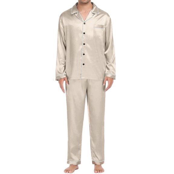YDFCWXW Womens Satin Pajamas Set Classic Long Sleeved and Long Pants Sleepwear Loungewear (Beige, M)