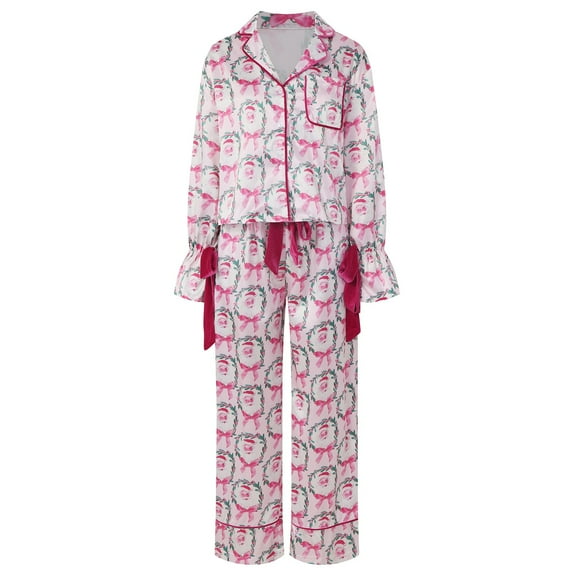 YDFCWXW Womens Satin Silk Bow Tie Pajamas Cute Holiday Pjs Set Y2k Ribbon Long Sleeve Pajama Shirt Loose Pants 2 Piece Sets Pink, XL