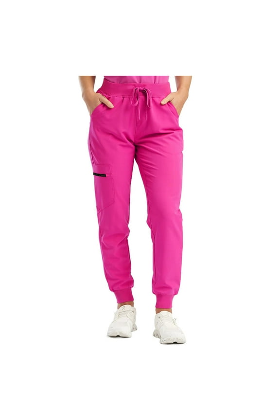 Womens Scrub Pants - Soft Stretch Yoga Style with Pockets, Slim Drawstring Jogger Scrubs Hot Pink, L