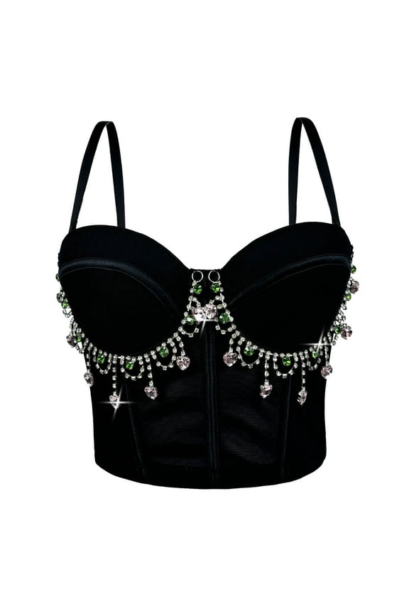 Womens Sexy Bustier Glitter Rhinestone Gem Chain Corset Top Spaghetti Strap Party Crop Top Corset Bra Vest Y2k Top Black, 40C
