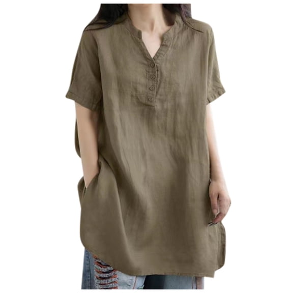 YDFCWXW Womens Short Sleeve Cotton Linen Shirts Button V Neck Loose Summer Tops Plus Size Solid Pullover Blouses Khaki, XXL