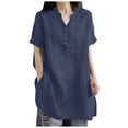 thumbnail image 1 of YDFCWXW Womens Short Sleeve Cotton Linen Shirts Button V Neck Loose Summer Tops Plus Size Solid Pullover Blouses Navy, L, 1 of 8
