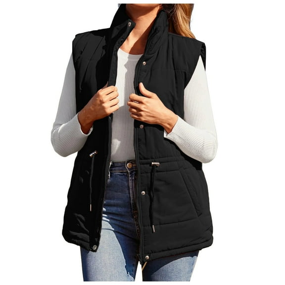 YDFCWXW Womens Stand Collar Sleeveless Vest, with Button Drawstring Waist Jackets Cotton Coat, Women Thermal Zip Up Winter Outerwear Black, 3XL