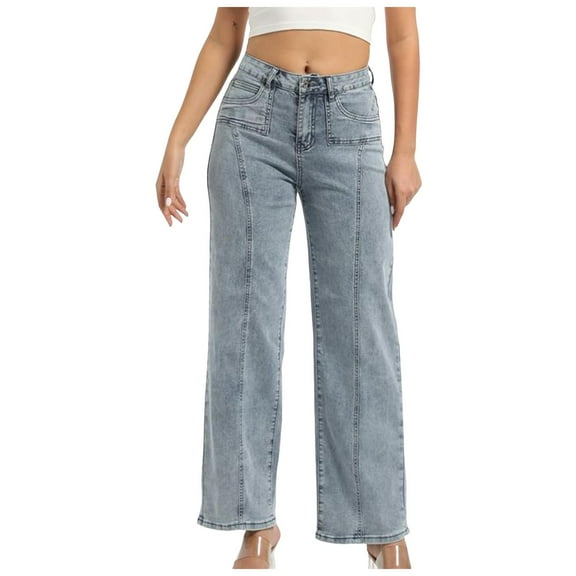 YDFCWXW Womens Stretch Wide Leg Jeans High Waist Seam Front Tummy Control Straight Leg Jeans Bootcut Baggy Denim Pants Blue, M