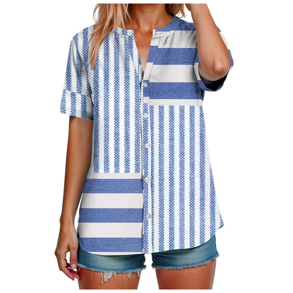 YDFCWXW Womens Summer Casual V Neck Tunic Tops Short Sleeve Button Down Floral Print T Shirt Loose Fit Cotton Linen Blouses Light Blue, 3XL