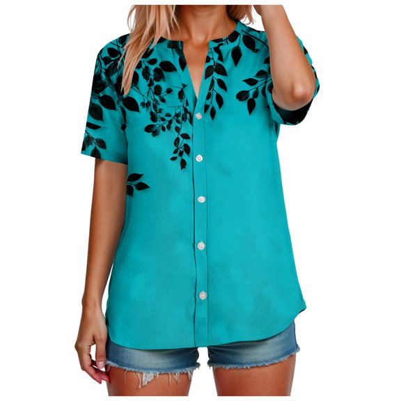 YDFCWXW Womens Summer Casual V Neck Tunic Tops Short Sleeve Button Down Floral Print T Shirt Loose Fit Cotton Linen Blouses Mint Green, S