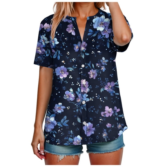 YDFCWXW Womens Summer Casual V Neck Tunic Tops Short Sleeve Button Down Floral Print T Shirt Loose Fit Cotton Linen Blouses Purple, L