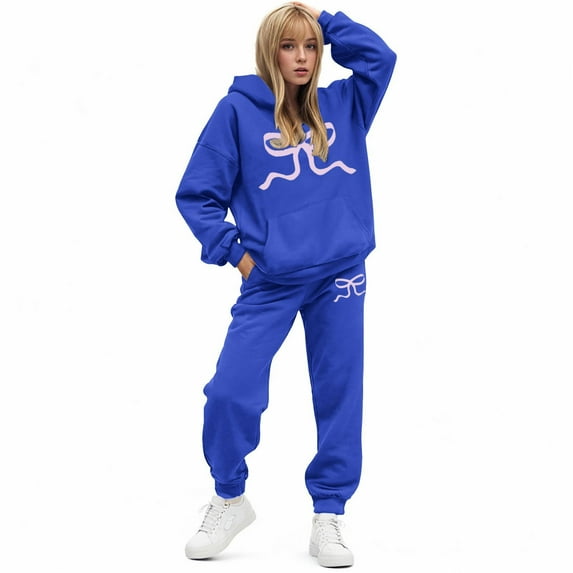 YDFCWXW Womens Sweatsuits 2 Piece Set Bow Trim Print Hoodie Sweatsuit Sets Oversized Long Sleeve Sweatshirt + Sweatpants Blue, L