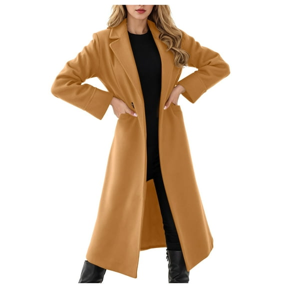 YDFCWXW Womens Trench Coat Winter Lapel Double Long Pea Coat Casual Work Office Overcoat with Pocket Khaki, M