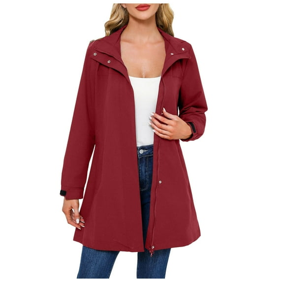 YDFCWXW Womens Waterproof Trench Coat Hooded Windbreaker With Pockets Lightweight Jacket Outdoor Red, L