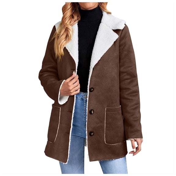 YDFCWXW Womens Winter Warm Jacket Stand Collar Wool Liner Sherpa Coats Thicker Outerwear with Pockets Brown, L