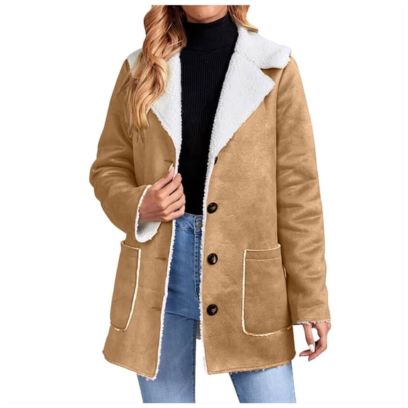 YDFCWXW Womens Winter Warm Jacket Stand Collar Wool Liner Sherpa Coats Thicker Outerwear with Pockets Khaki, M