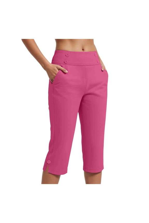 Womens Yoga Capri Pants High Waist Wide Leg Capri Leggings Pull On Stretch Casual Capris with Pockets Hot Pink, L