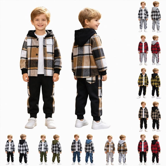 YDFCWXWBoys Cotton Clothing Sets Toddler Baby Boys Fall Outfit Plaid Hoodie Set (H, 7 Years)