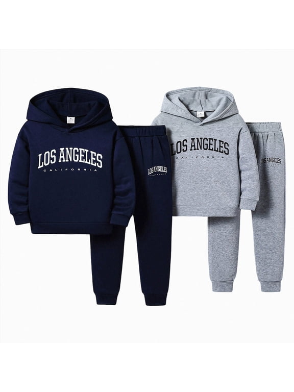 Boys LOS ANGELES Hoodie Tracksuit 2 Pieces Set Athletic Casual Hooded Sweatshirt Joggers Set Sweatsuit Outfits (Blue, 5-6 Years)