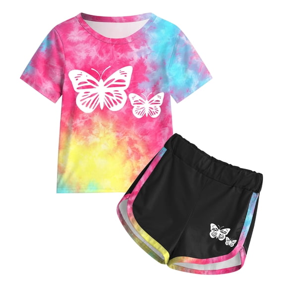 YDFCWXWGirl's 2 Piece Outfits Tie Dye Crew Neck Tee Shirts and Track Shorts (Watermelon Red, 5-6 Years)