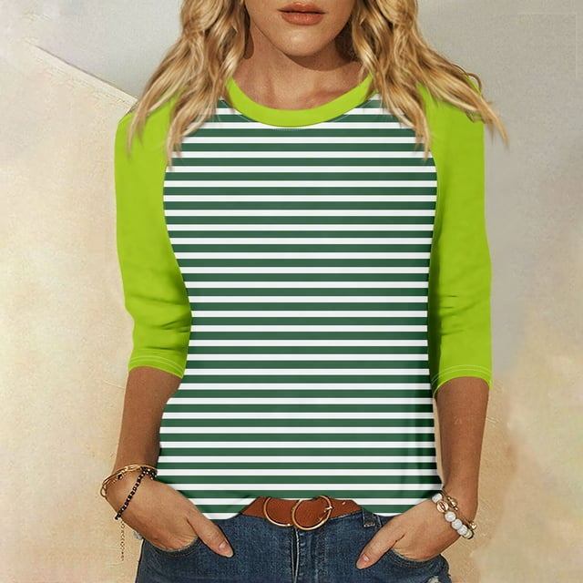 YDKZYMD 3/4 Sleeve Shirts for Women Plus Size Elbow Plus Size Elbow Color Block Crew Neck Blouses Summer Tee Tops Casual Loose 2024 Trendy Tunics Mint Green L
