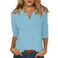 thumbnail image 1 of YDKZYMD 3/4 Sleeve T Shirt Women Trendy V Neck Shirts Fashion Elbow Sleeve Tops Solid Color Casual Fitting Petite Three Quarter Sleeve Loose Fit T Shirts Light Blue S, 1 of 5