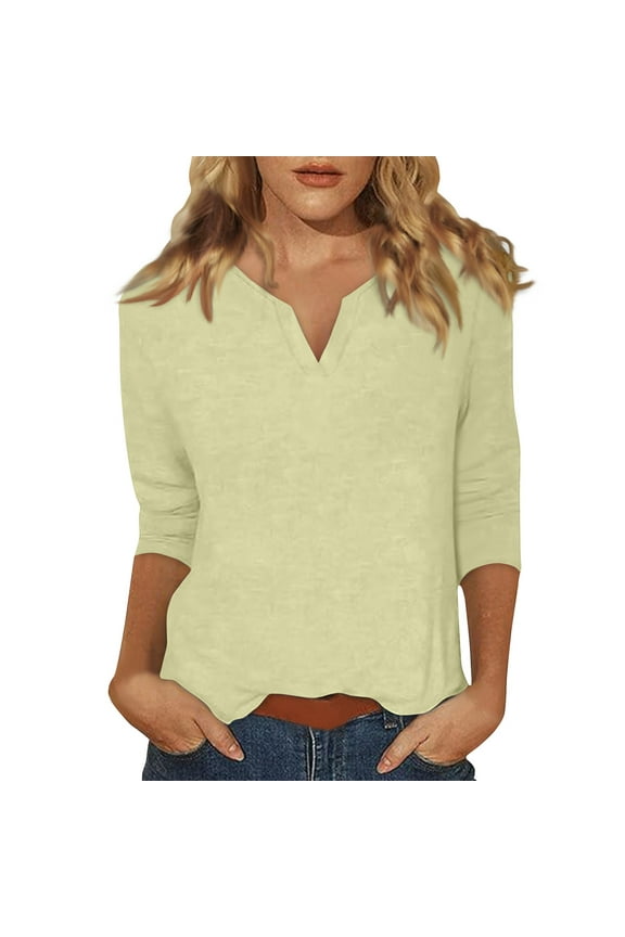 3/4 Sleeve T Shirt Women Trendy V Neck Shirts Fashion Elbow Sleeve Tops Solid Color Casual Fitting Petite Three Quarter Sleeve Loose Fit T Shirts Beige 3XL