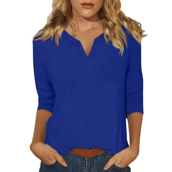 YDKZYMD 3/4 Sleeve T Shirt Women Trendy V Neck Shirts Fashion Elbow Sleeve Tops Solid Color Casual Fitting Petite Three Quarter Sleeve Loose Fit T Shirts Dark Blue 3XL