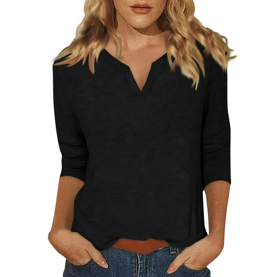YDKZYMD 3/4 Sleeve T Shirt Women Trendy V Neck Shirts Fashion Elbow Sleeve Tops Solid Color Casual Fitting Petite Three Quarter Sleeve Loose Fit T Shirts Black S