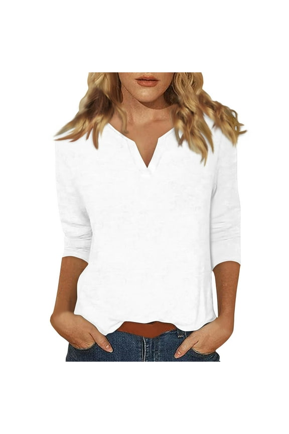 3/4 Sleeve T Shirt Women Trendy V Neck Shirts Fashion Elbow Sleeve Tops Solid Color Casual Fitting Petite Three Quarter Sleeve Loose Fit T Shirts White S