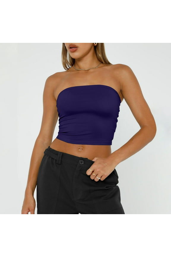 Bandeau Tube Tops Strapless Bras Cute Y2k Basic Sleeveless Crop Tops Slim Fitted Junior Backless Stretch Teen Girls Solid Tops Summer Layering Smocked Going Out Skinny Tops Purple S
