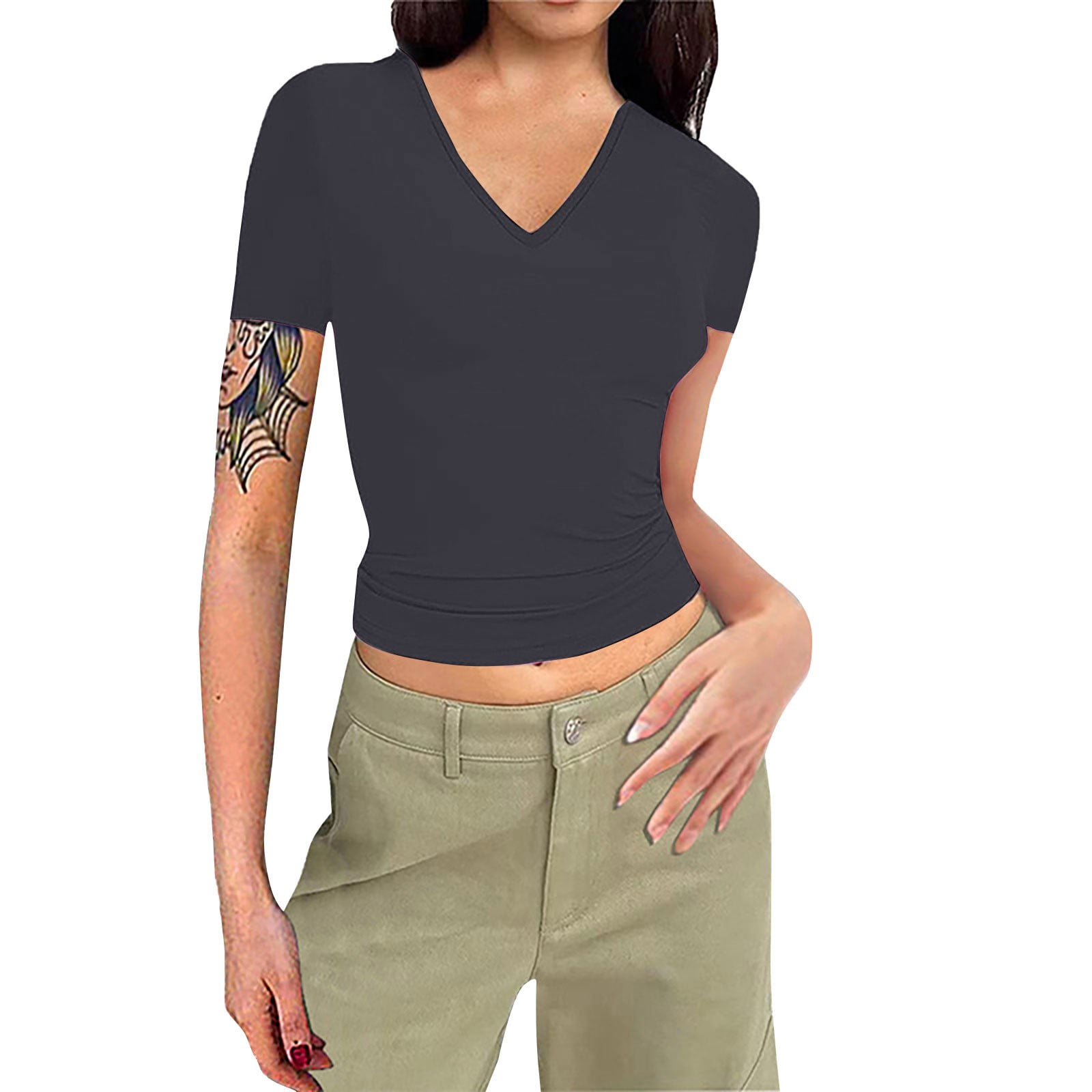 Women's Ruched Side Crop Top - Basic Slim Fit Tee, Modal Rayon Y2K Yoga T-Shirt For Going Out