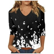 YDKZYMD Black Oversized Ladies Tops and Blouses Clearance 3/4 Sleeve Trendy Shirts for Women To Wear with Leggings Graphic Printed Cute Black Womens Tops S