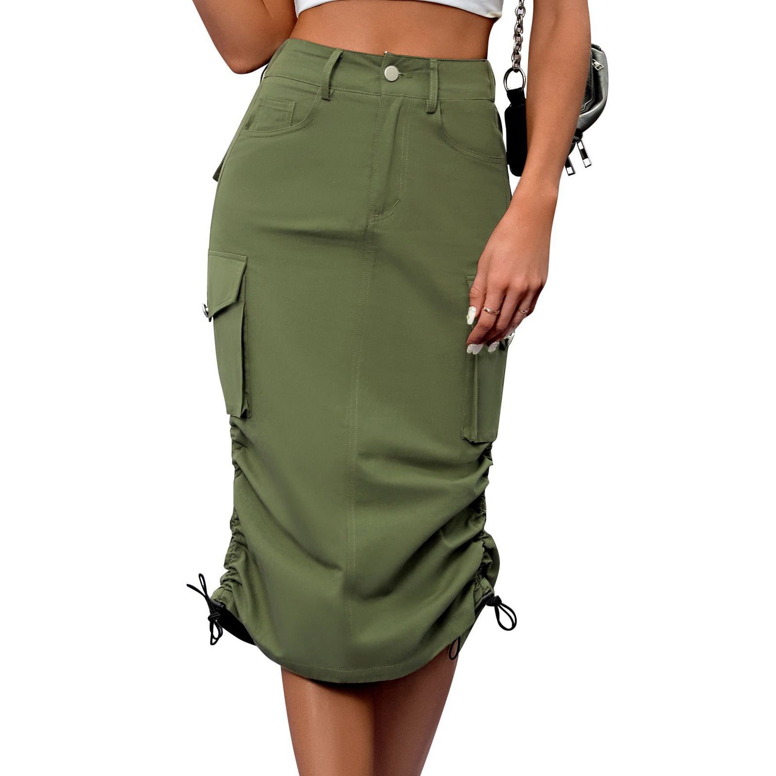 【BAON】Tomou banding patch cargo cotton long skirt YDKZYMD Women's Drawstring Elastic Waist Cargo Skirt Split