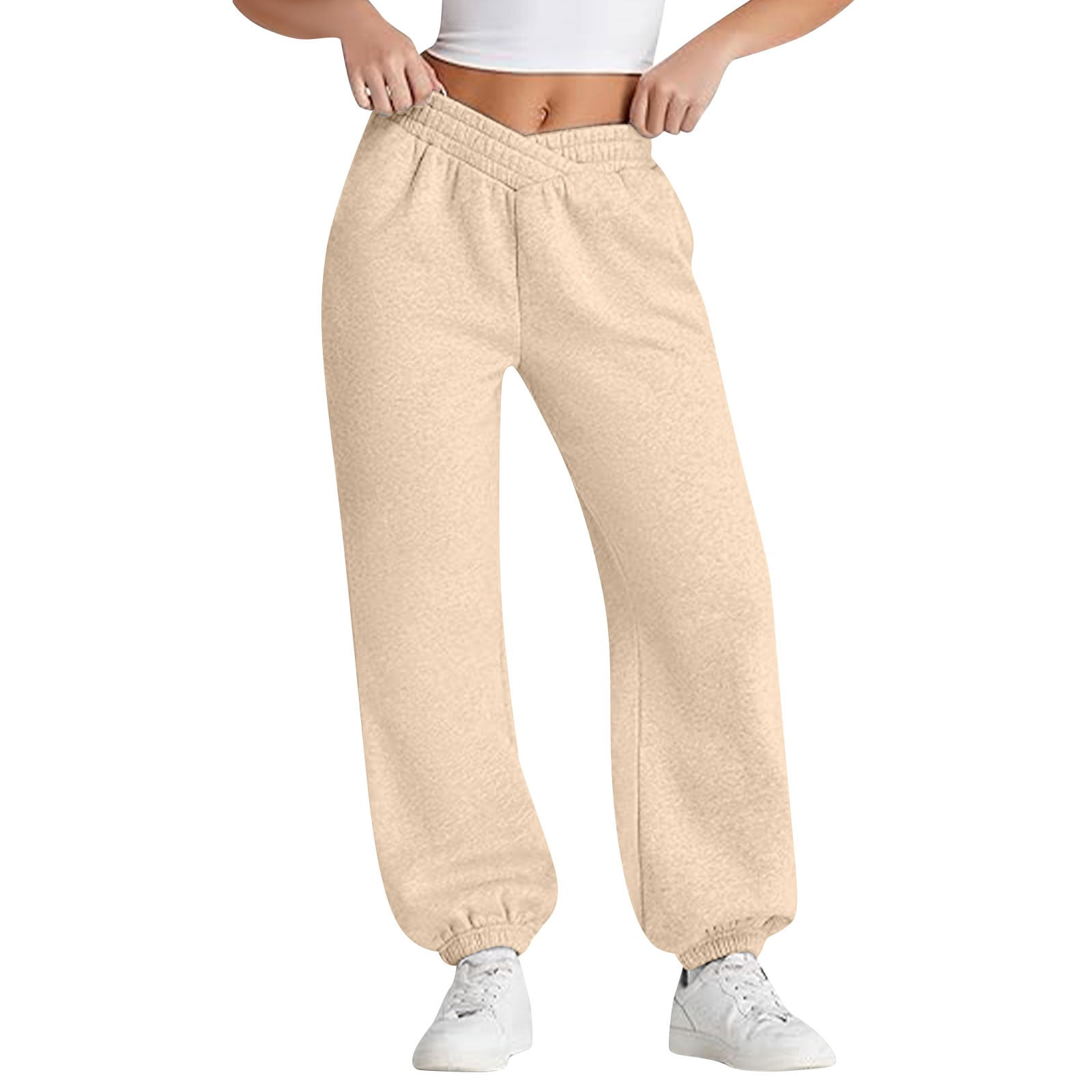 Women's Fleece Lined Cotton Joggers - High Waisted Baggy Sweatpants With Cinch Bottom, Elastic Waist, Lightweight For Workout & Lounge