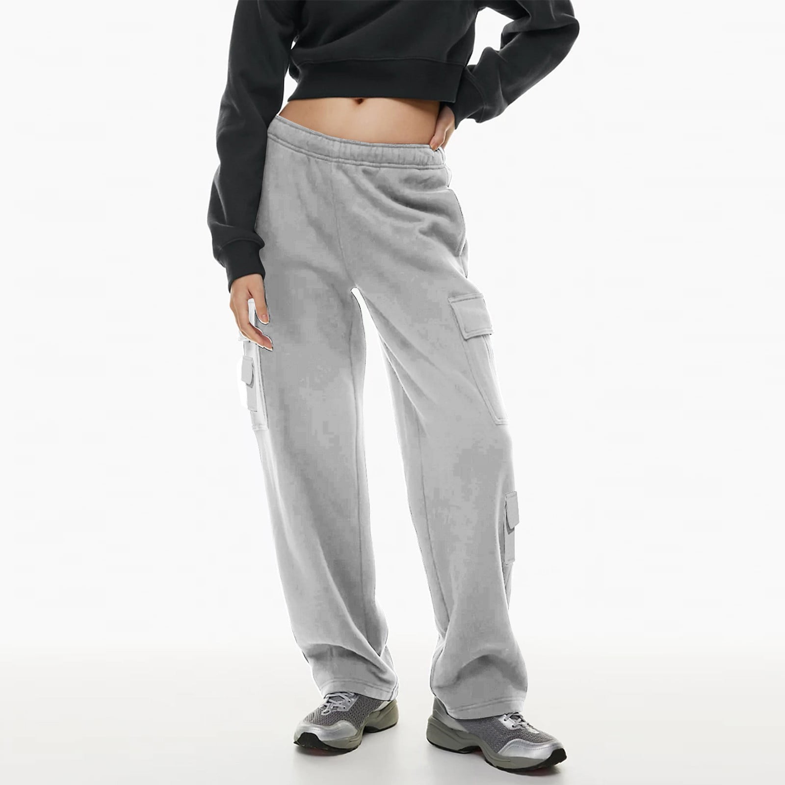 YDKZYMD Cargo Sweatpants Women Short Length Light Gray Loose Fit Straight Leg Sweatpant with Pockets Casual Petite Jogger Pants Fleece Elastic Waist High Waist Baggy Pants Walmart