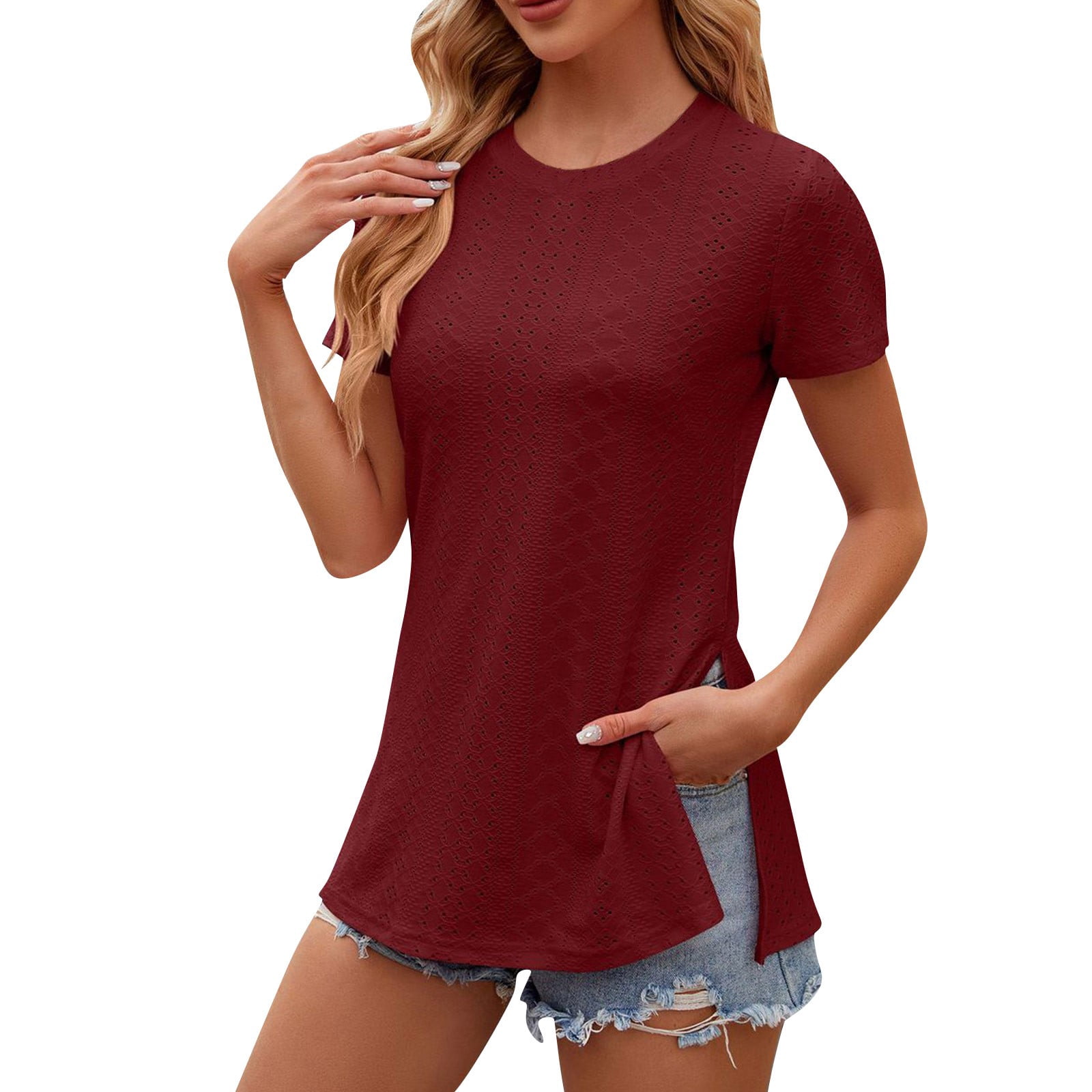 JUSTFASHIONNOW Women's V-Neck Top - Raglan Short Sleeve, Crochet Detail, Lightweight Blouse