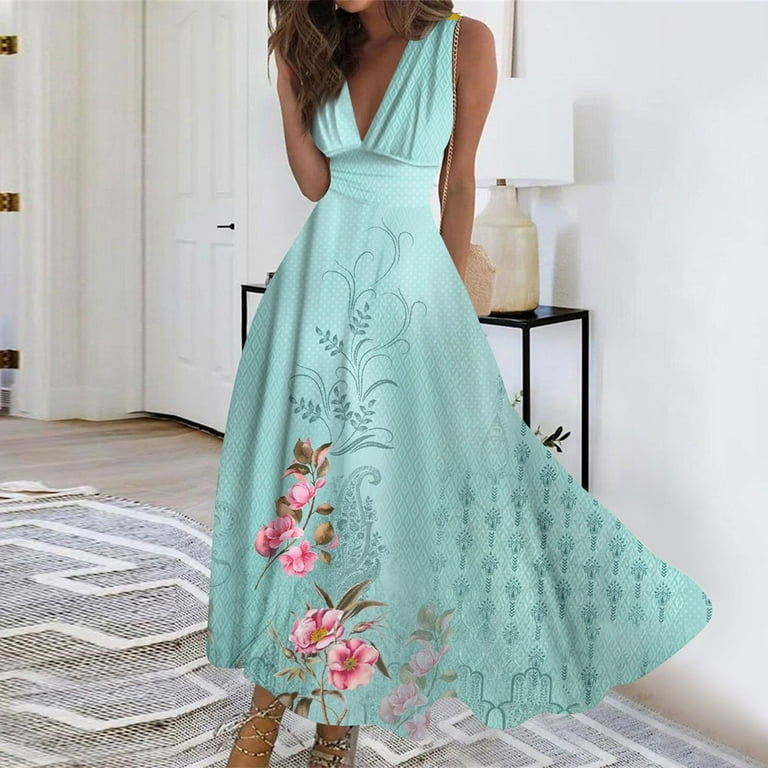 YDKZYMD Casual Summer Dresses for Women Floral Elegant Wrap V Neck Beach Maxi Sundresses for Women Flowy Sleeveless Floral Swing Dresses Maxi Going Out Casual 2024 Trendy Dresses Light Blue 3XL