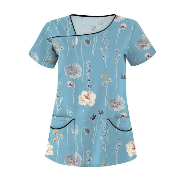 YDKZYMD Nurse Scrub Tops Uniform Womens Sets Plus Size Floral Flowers Workwear Graphic with Pockets Scrub Shirt Plus Size Jogger Nurse Uniform Scrub Tops Petite V Neck Short Sleeve Scrubs Sky Blue 5XL