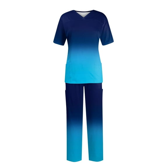YDKZYMD Ceil Scrubs for Women Set Blue XL Tie Dye Petite Scrub Set Medical Nursing Uniform with Pockets Short Sleeve 2 Piece Jogger Plus Size V Neck Top and Pant