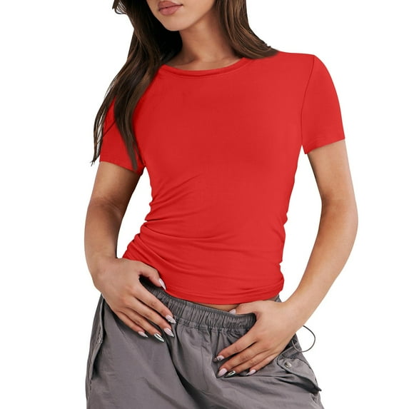 YDKZYMD Crop Top Shirt for Women Slim Fitted Short Sleeve Layering Tight Shirt Crew Neck Y2k Teen Girls Juniors Basic Tee Athletic Cute Summer Tops Red L