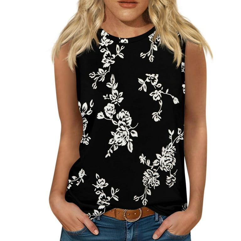 YDKZYMD Womens Shirts Crew Neck Chinoiserie Floral Flowers Summer T Shirt  Loose Fit Fashion Casual Tank Tops Flowy Sleeveless Camis Blouses Red M