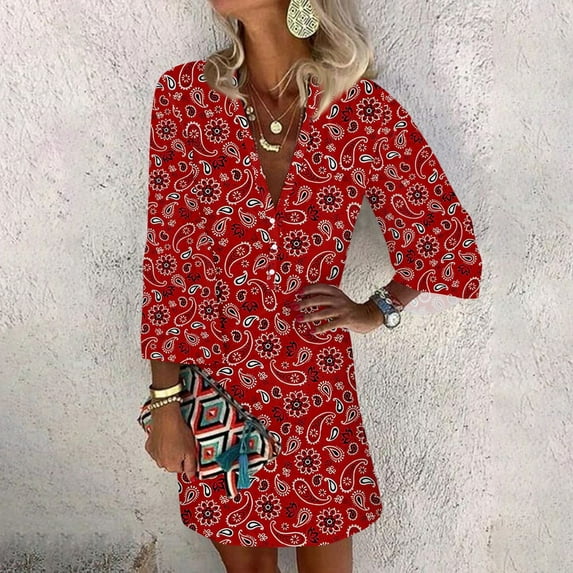YDKZYMD Dresses for Older Women Summer Floral Casual Mini Sundress Button Up V Neck Bell Swing Dress Loose 3/4 Sleeve Flowy T-Shirt Dress Red 3XL
