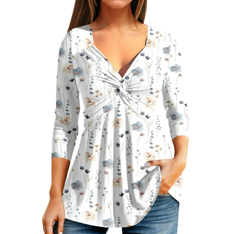 YDKZYMD Womens Blouse V Neck Solid Color Front Knotted Tunic Short Sleeve  Boho Going Out Shirts Fashion Loose Tops