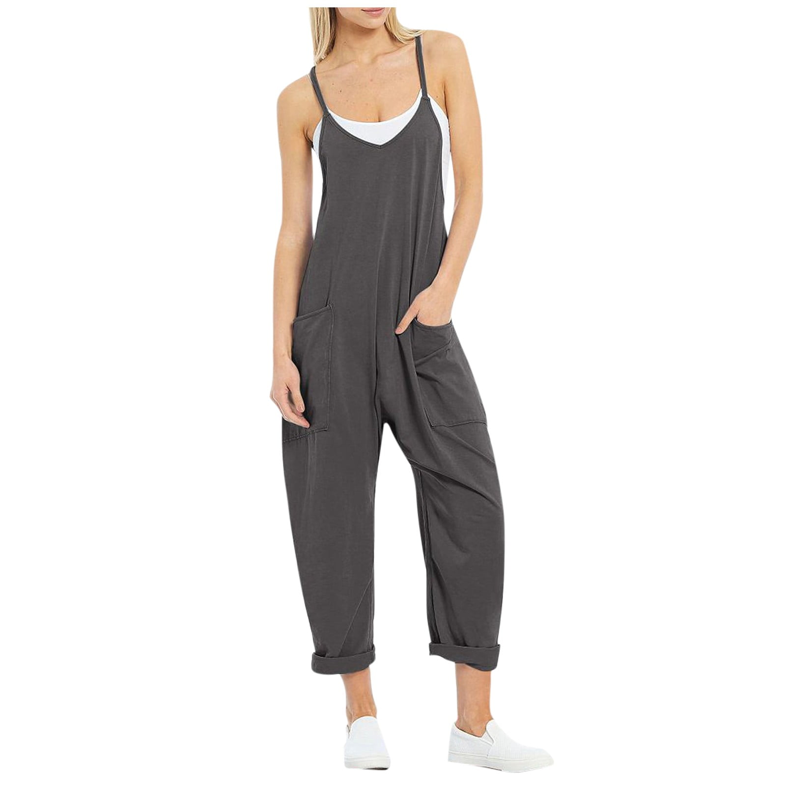 YDKZYMD Dressy Formal Women s Jumpsuits with Pockets Sleeveless Spaghetti Strap Overalls Teen Girls Loose Baggy Dress Bib Trendy Casual Loose Fit One Piece Dark Gray XL Walmart